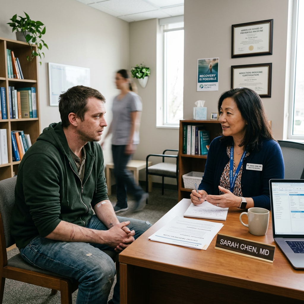 Patient consulting with Dr. Sarah Chen, addiction medicine specialist, in a clinical office.