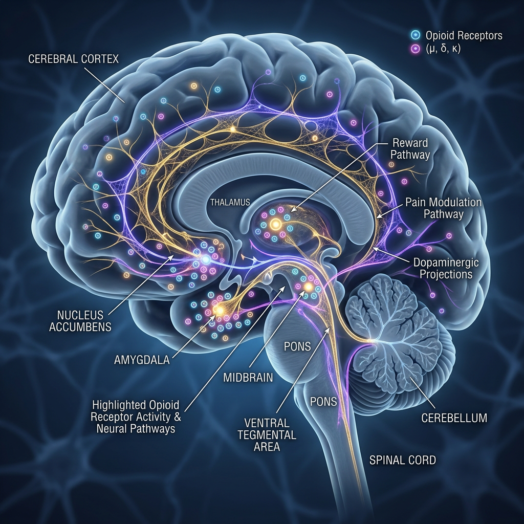 Diagram of brain showing opioid receptor activity and related neural pathways including reward and pain modulation