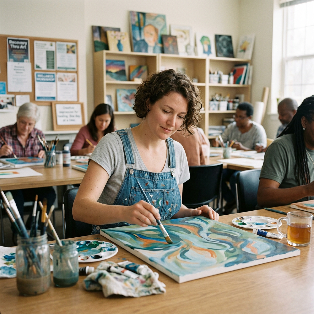 Group of people painting abstract art in a studio
