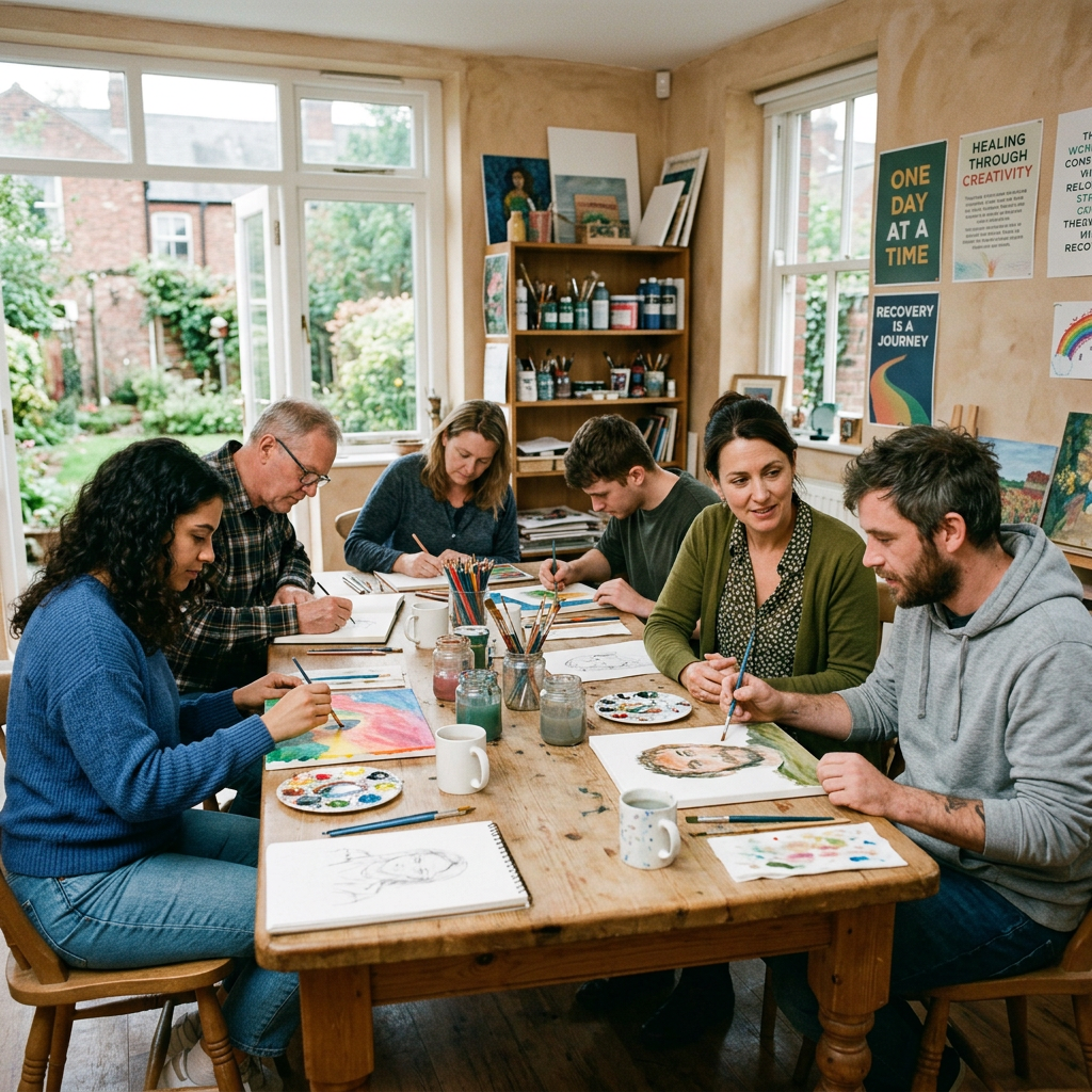 Group of people painting together at a wooden table in a cozy room with motivational posters