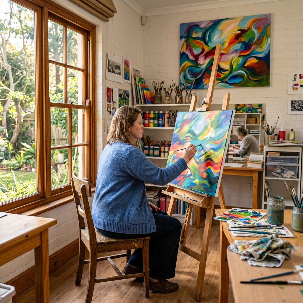 Serene rehab art room with abstract painting, sunlight