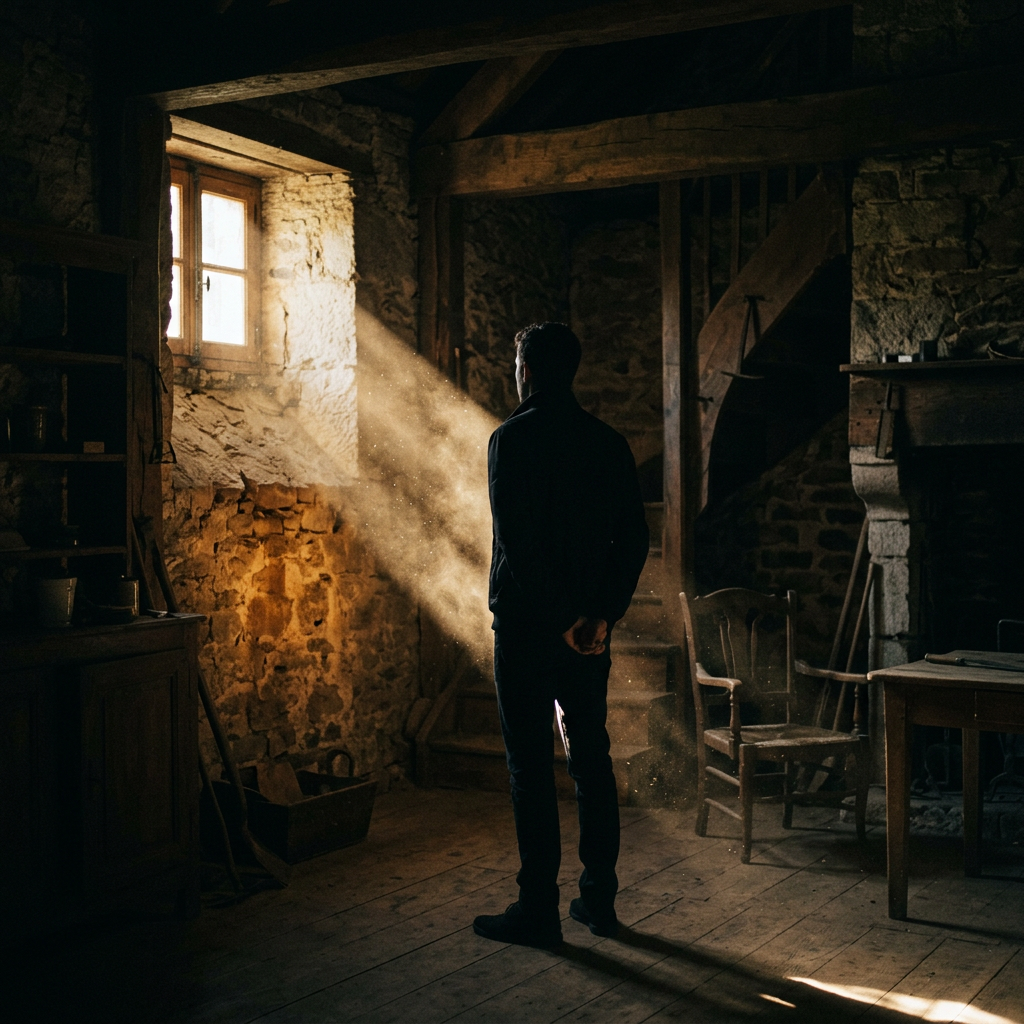 Silhouette in dim room with sunlight beam