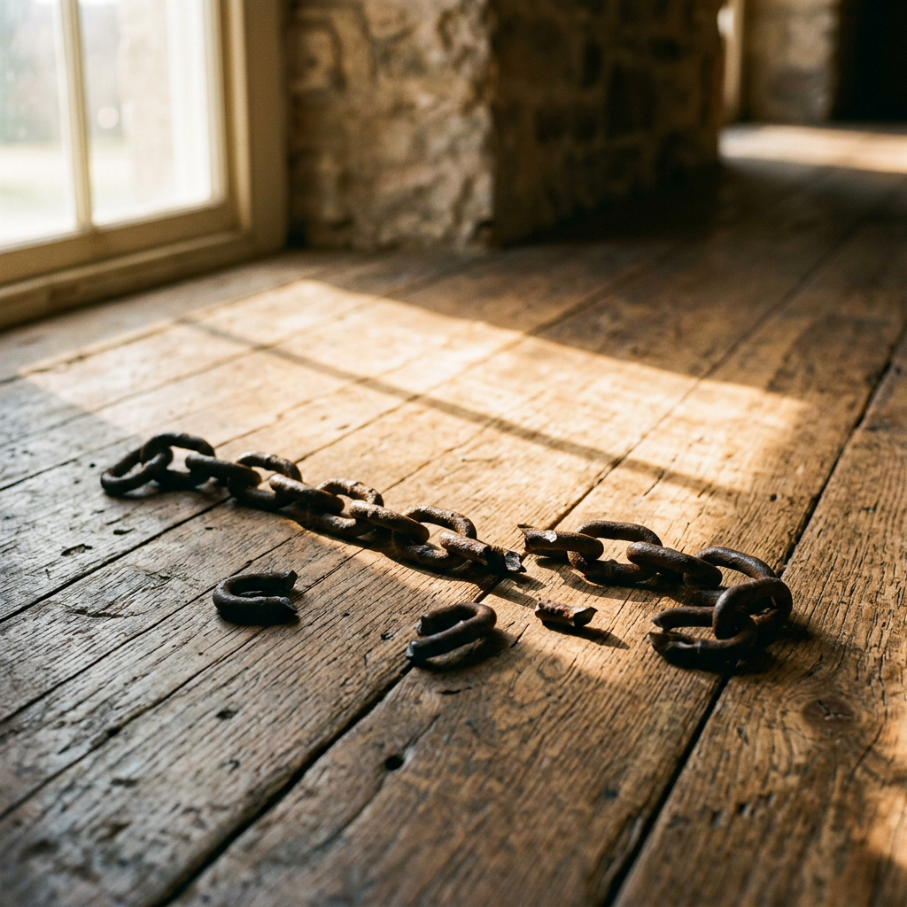 Rusty broken chain links on a wooden floor near a window