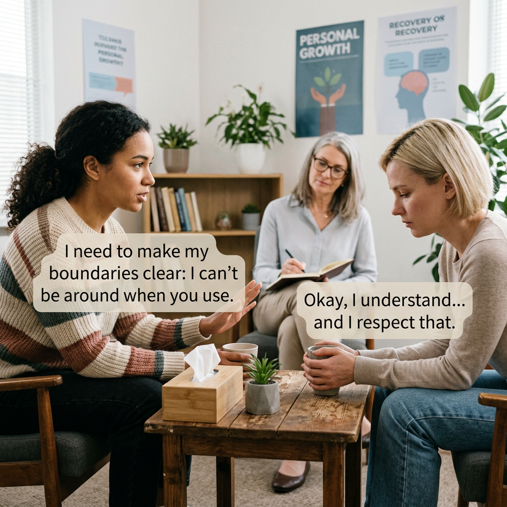 Two women sitting and talking in therapy, one expressing boundaries about substance use