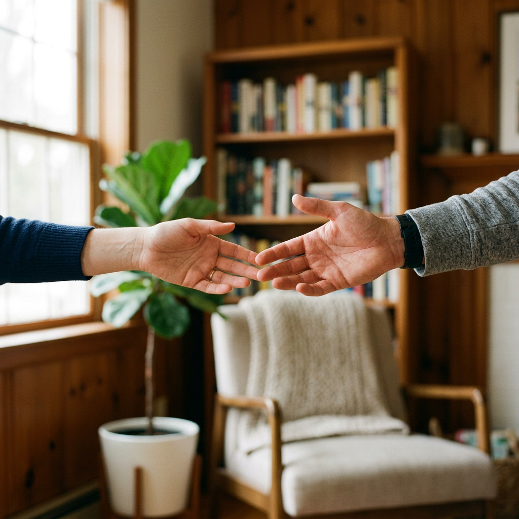 Two hands reaching toward each other for a handshake indoors Dual diagnosis and addiction