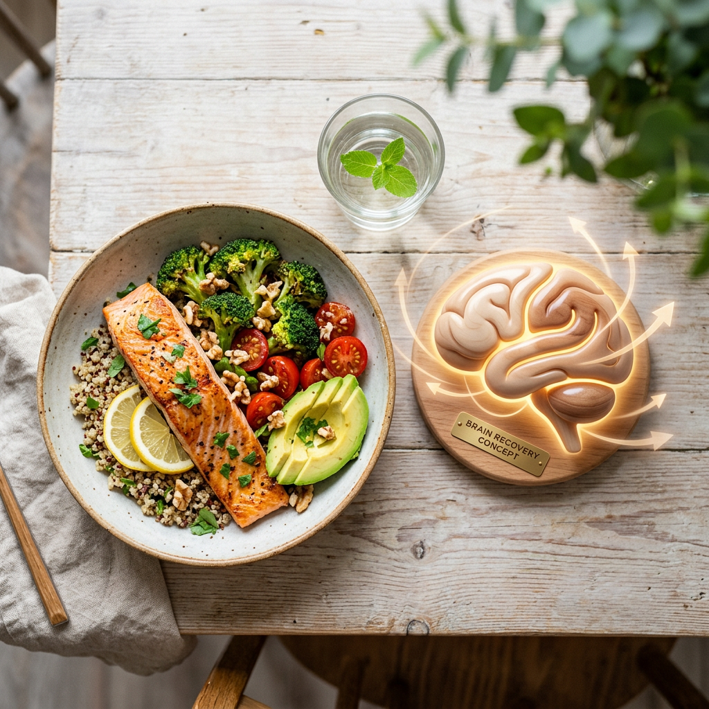 Healthy meal with salmon, quinoa, vegetables, and a brain recovery concept model