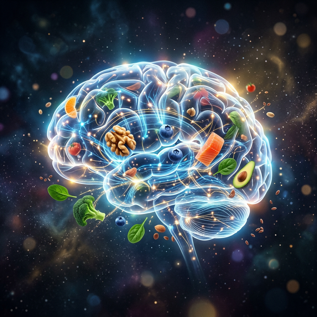 Transparent brain with glowing neural connections and various healthy foods such as salmon, blueberries, avocado, walnuts, broccoli, spinach, and almonds