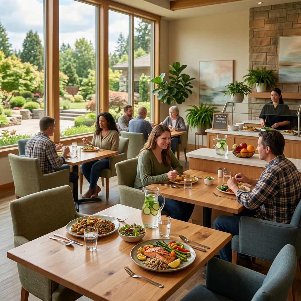 Diverse group dining and eating healthy meals in a modern cafeteria with large windows
