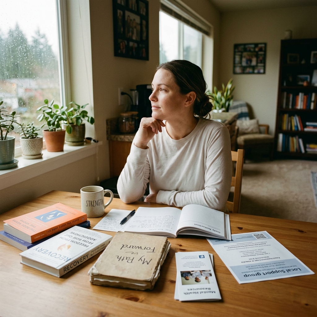 Woman sitting at table with recovery books and mental health support flyers gazing out window