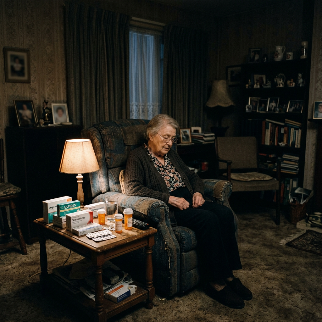 Dim living room, medication boxes, single chair