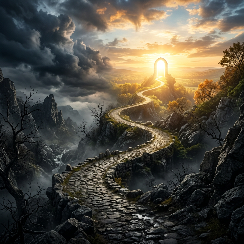 Winding cobblestone path on rocky mountains leading to a glowing archway under a cloudy sky at sunrise