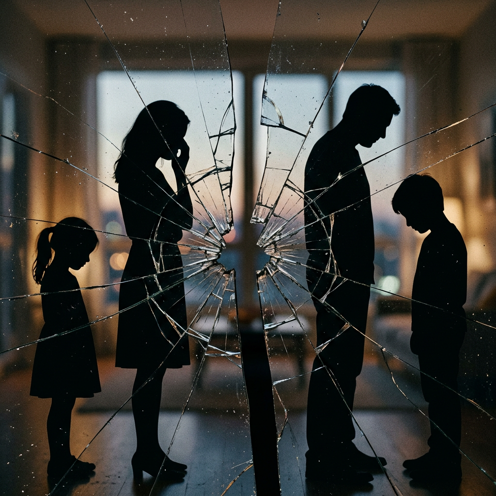 Silhouettes of two adults and two children separated by cracked, broken glass