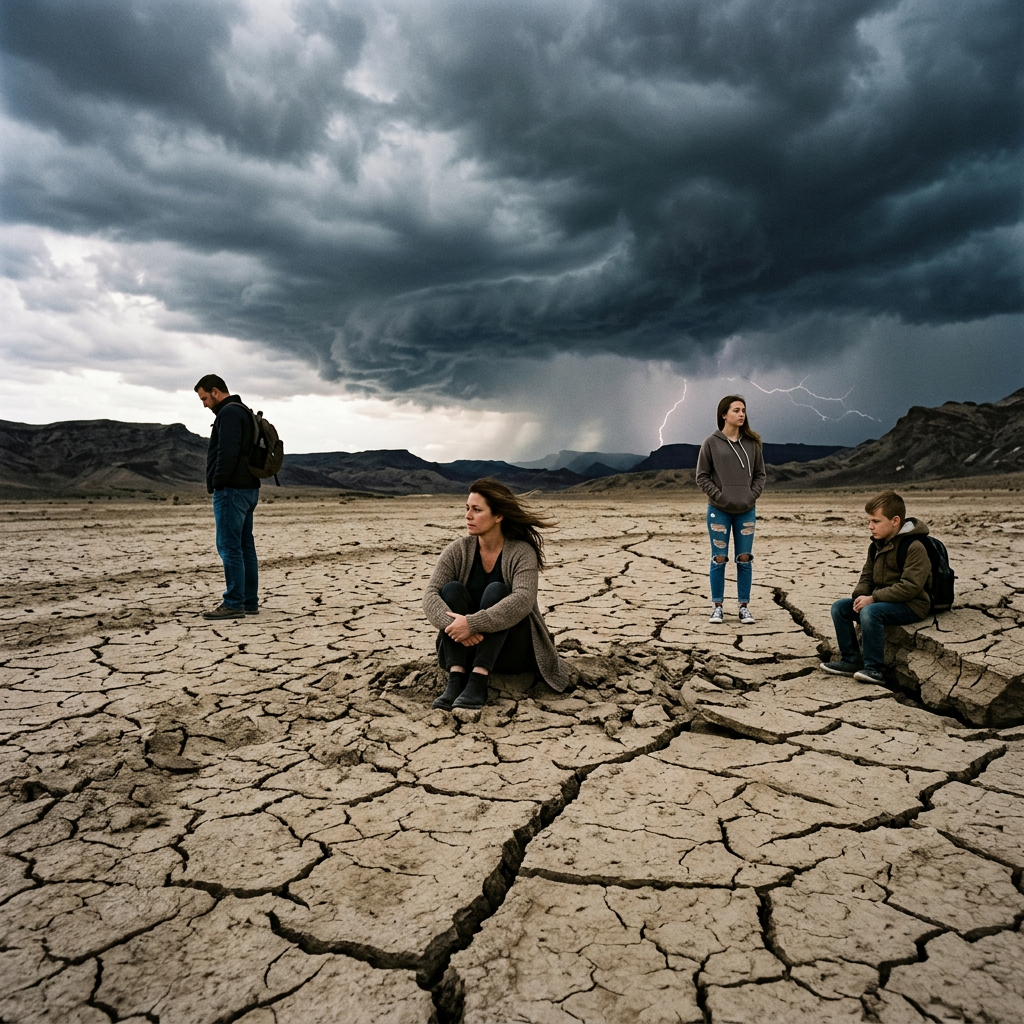 Four people on cracked dry earth under dark clouds with lightning in the background