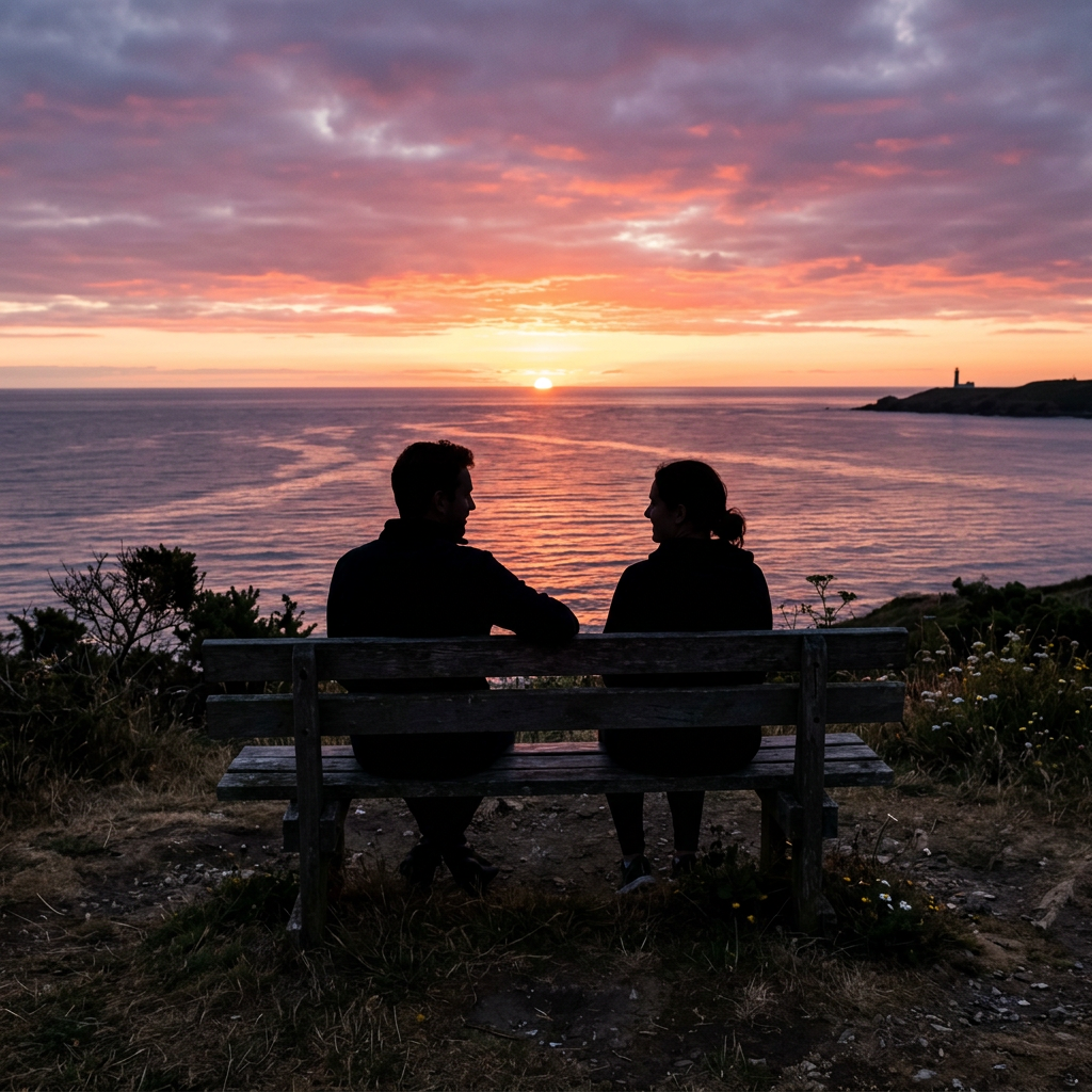 Two silhouetted figures on bench at sunrise