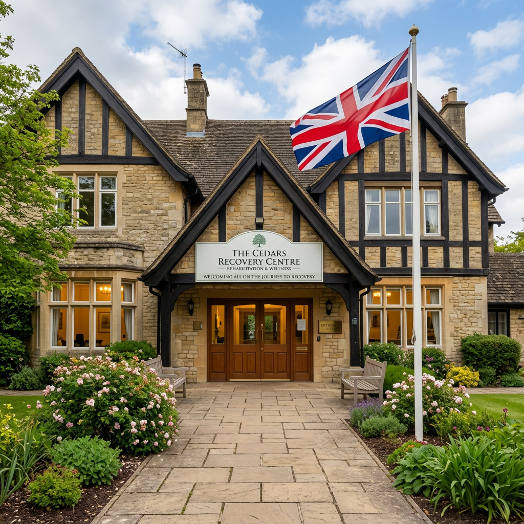 Entrance of The Cedars Recovery Centre with British flag and garden