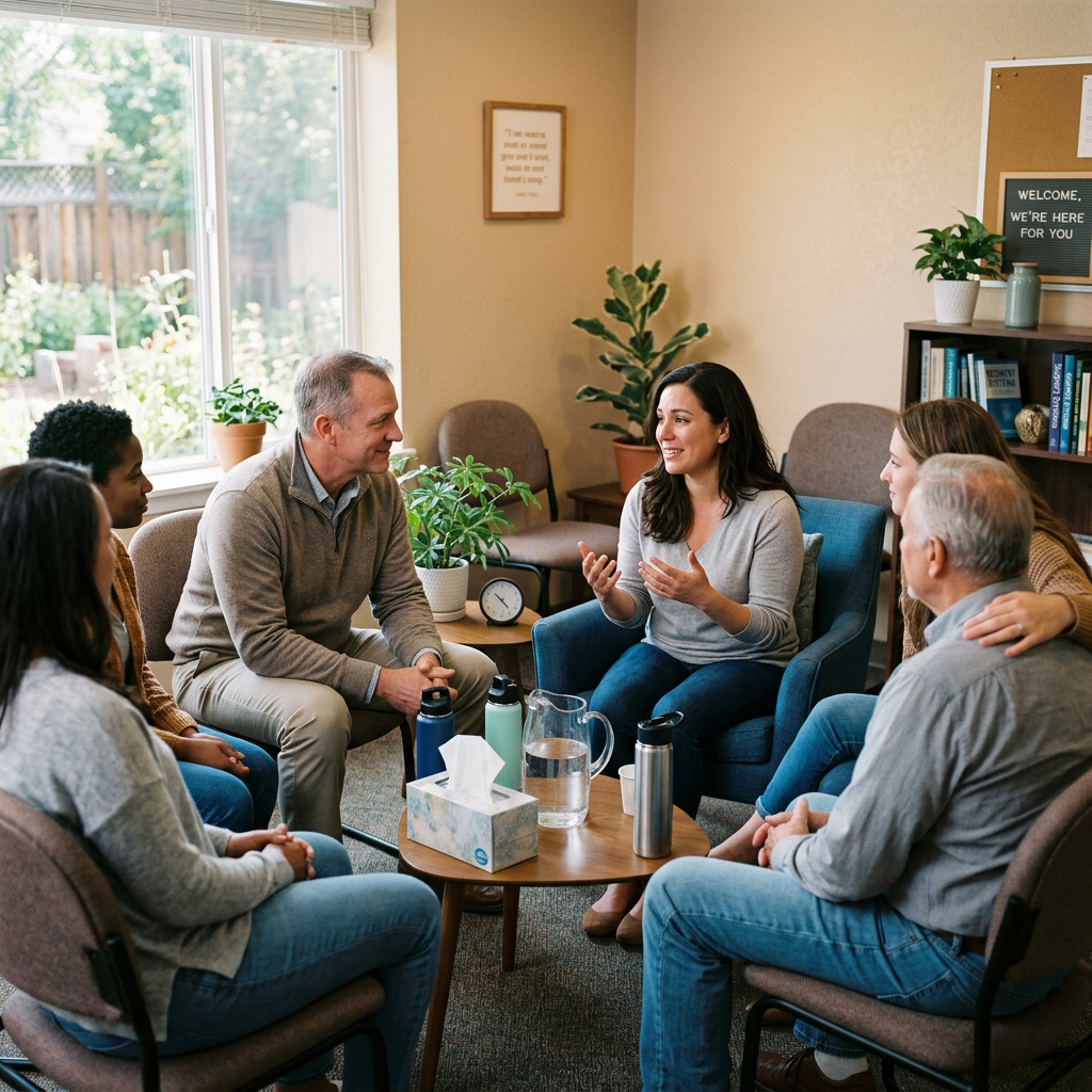 Six people seated in a circle having a group discussion in a comfortable room