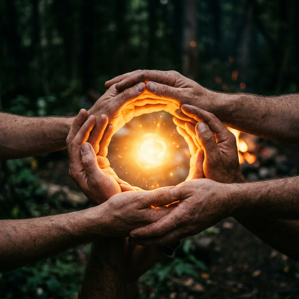 Several hands arranged in a circle around a glowing orange light with sparks