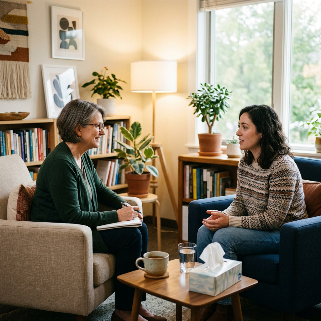 Therapist and client in warm counseling session