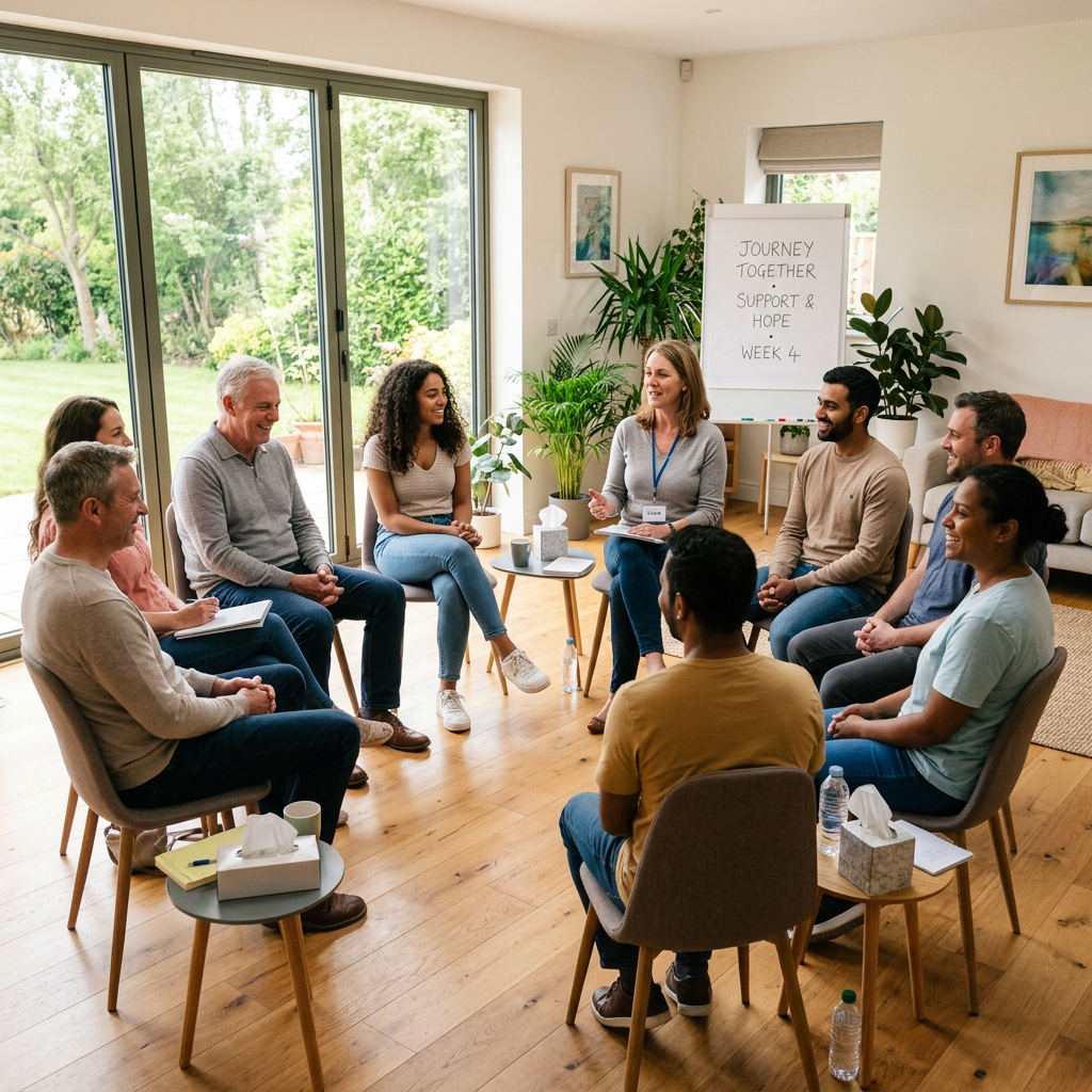 Group therapy session with eight people sitting in a circle having a discussion