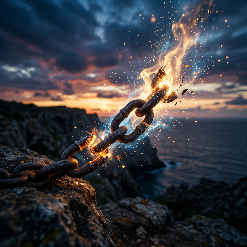 Rusty chain breaking with fiery sparks at sunset near rocky cliffs