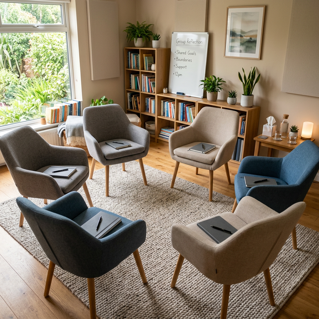 Organized therapy room with circle chairs and notebooks Addiction: Residential or outpatients? 