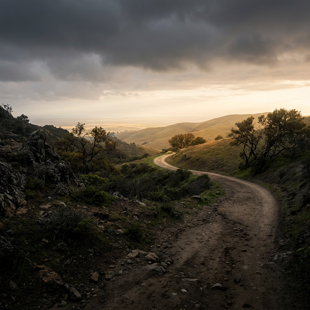 Winding dirt trail through grassy hills with scattered trees and cloudy sky
