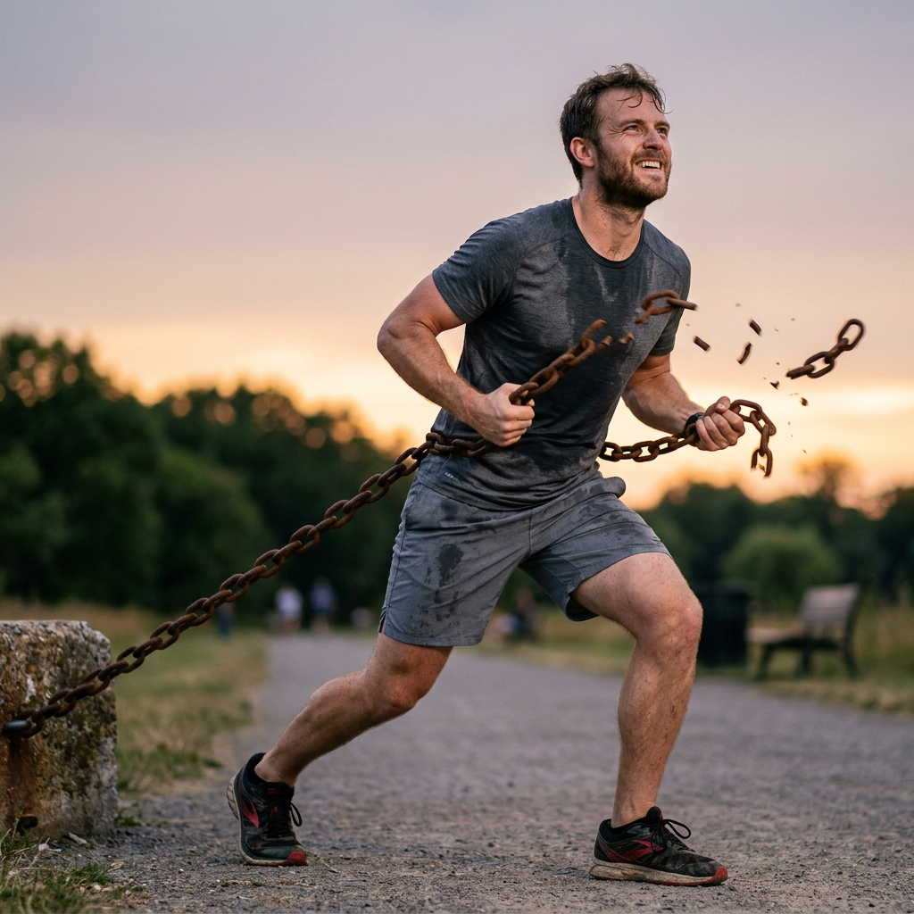 Man breaking a rusty chain outdoors during sunset
