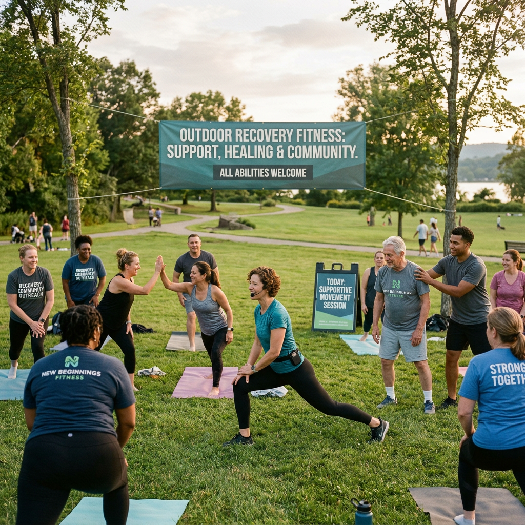 Group doing recovery fitness exercises outdoors with banner reading 'Outdoor Recovery Fitness: Support, Healing & Community. All Abilities Welcome'