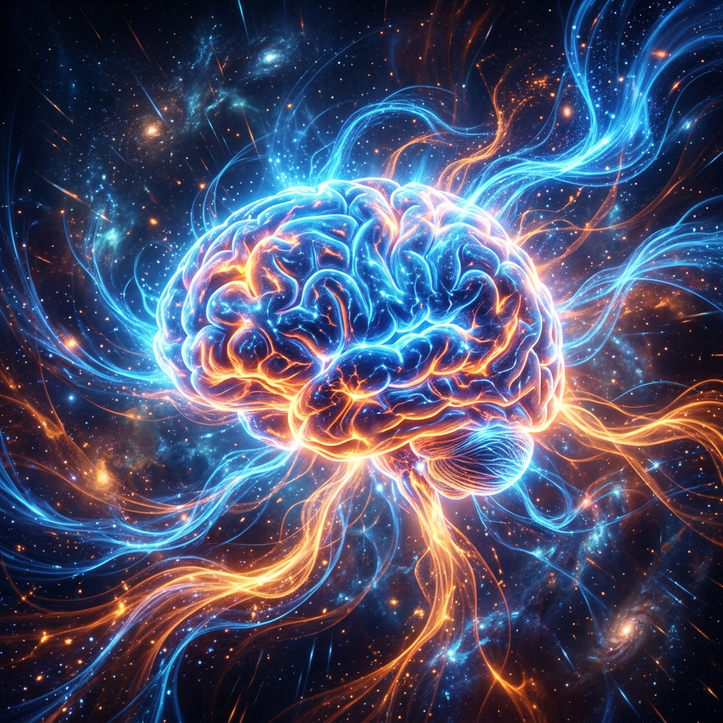 Glowing human brain with vibrant blue and orange energy flowing outward in space