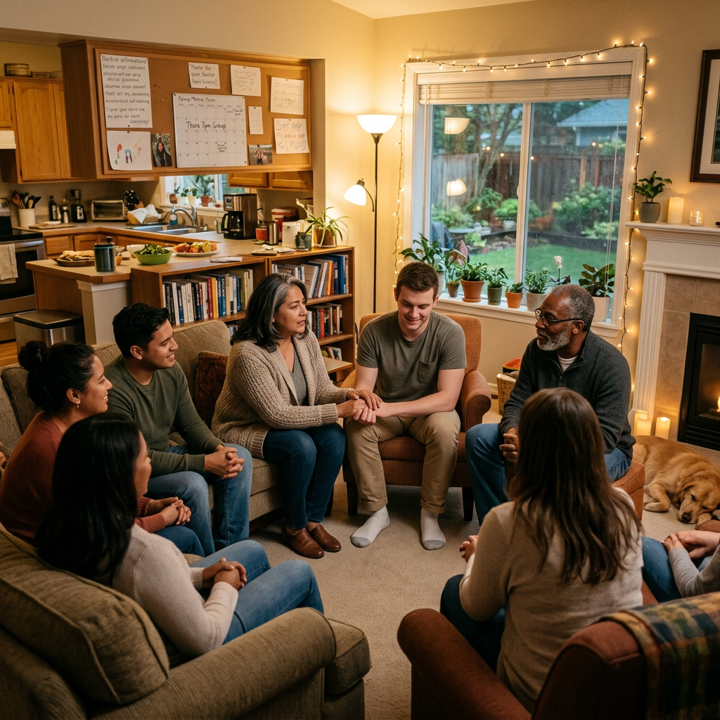 Seven people sitting in a circle in a living room engaged in a supportive group conversation
