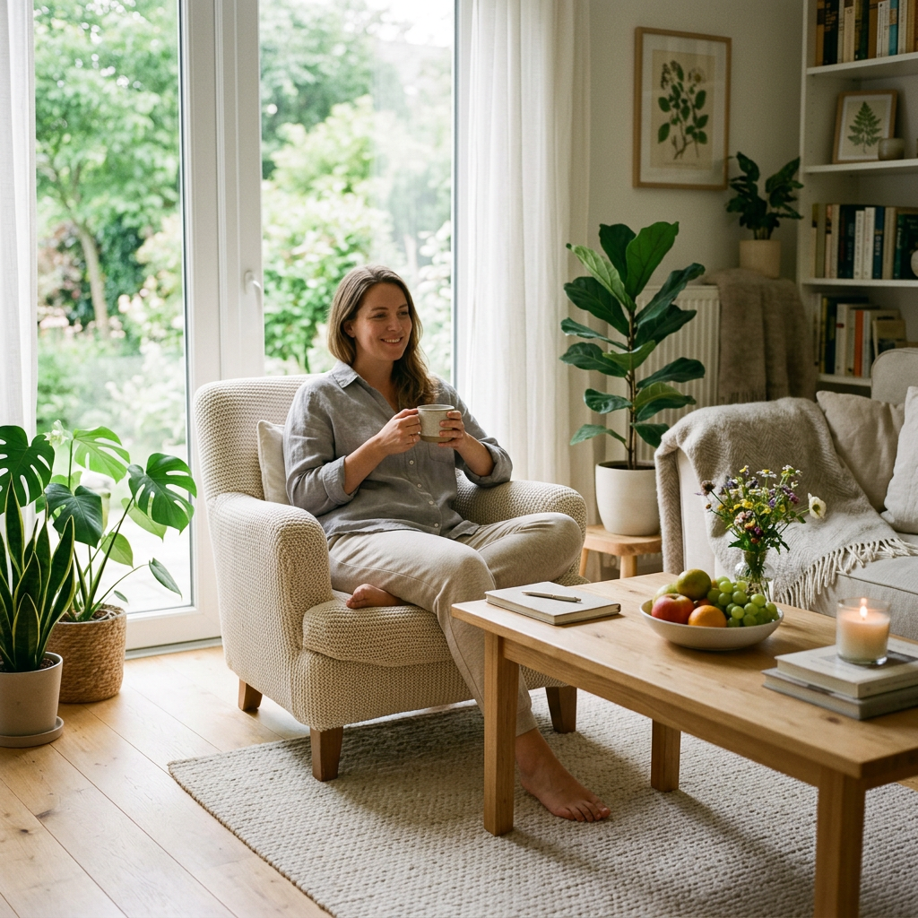 Woman sitting barefoot in armchair holding coffee mug in cozy living room with plants and natural light