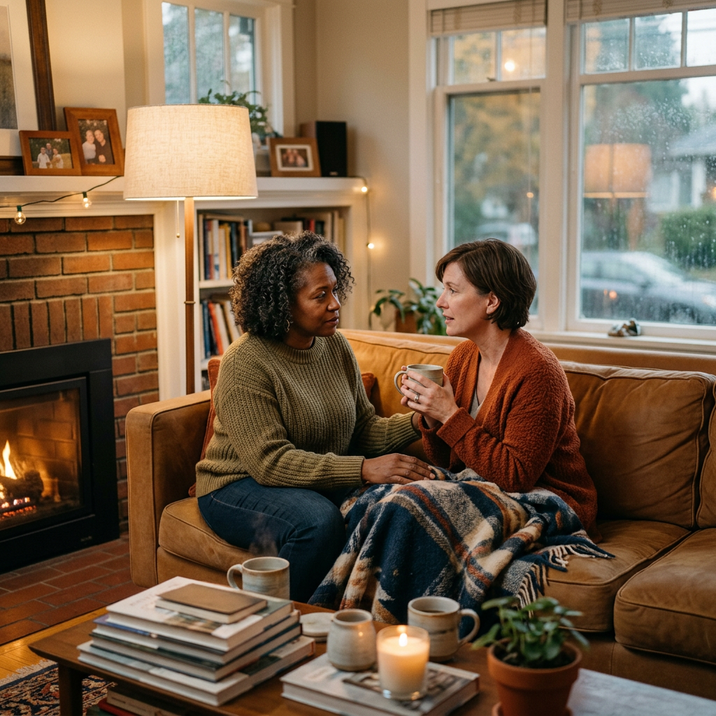 Two women having a heartfelt conversation on a couch near a fireplace
