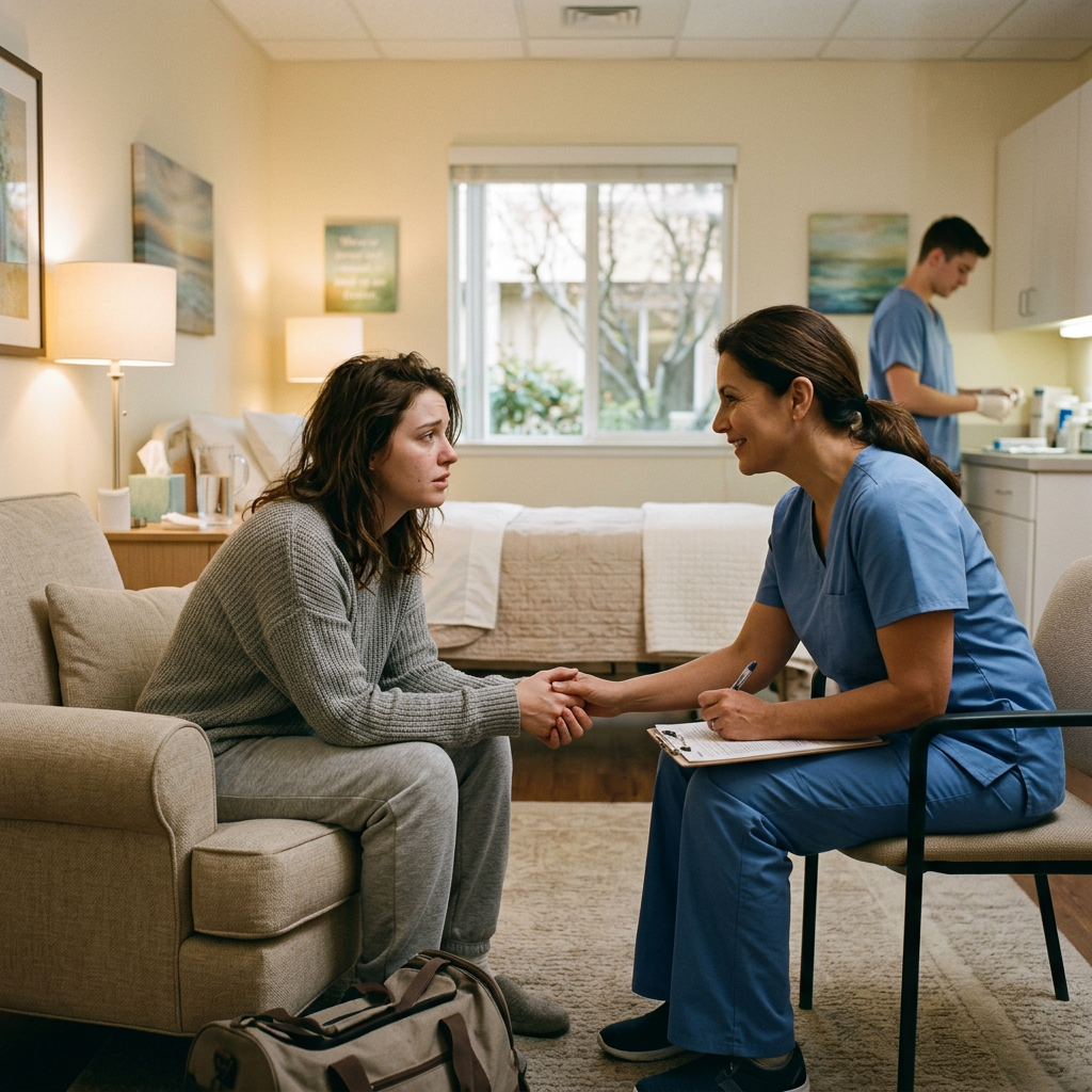 A nurse in blue scrubs holding a clipboard and comforting a distressed woman sitting on a couch in a counseling room