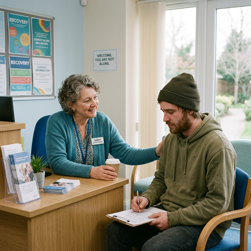 Counselor comforting young man writing on clipboard in a support center