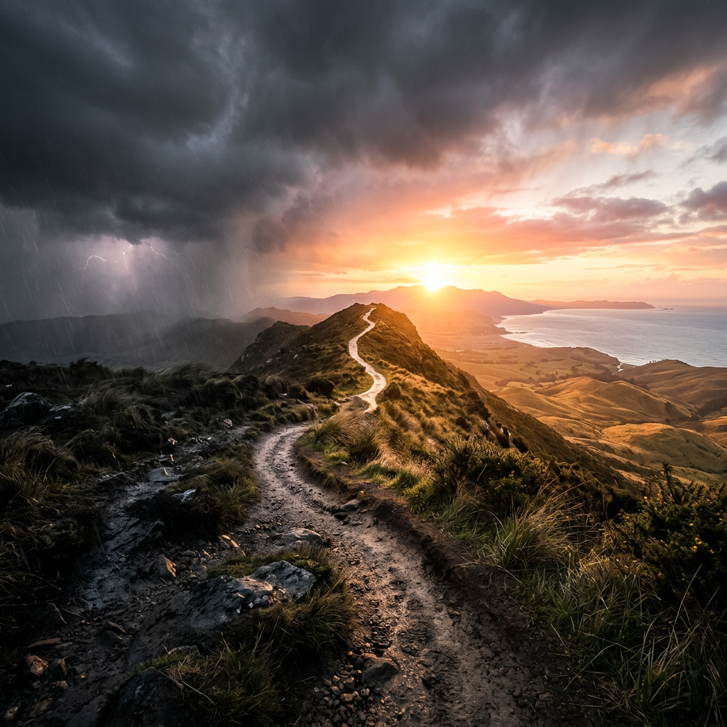 Winding mountain trail with sun setting on one side and dark storm clouds with lightning on the other