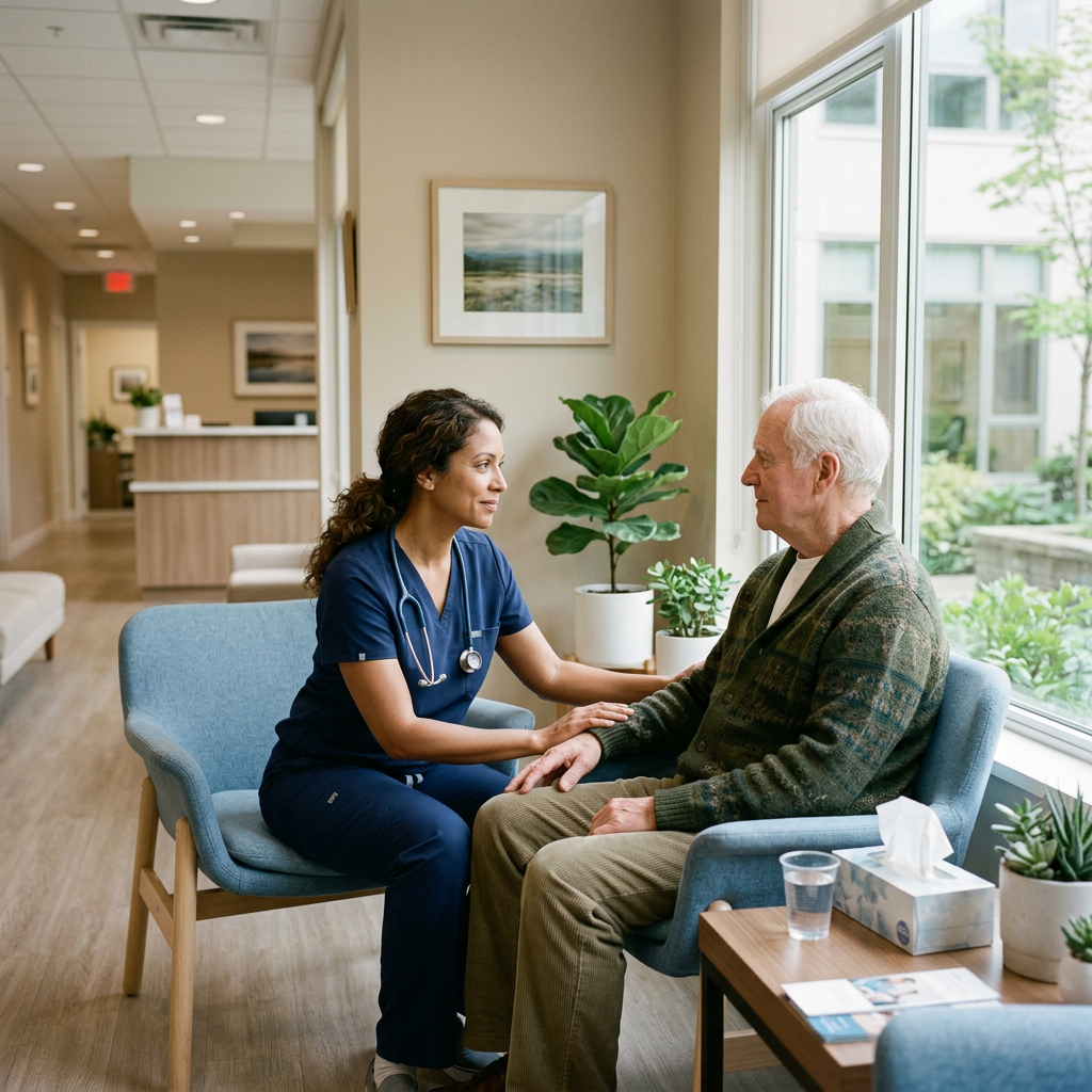 Nurse sitting and holding elderly man's hands in a bright medical waiting area