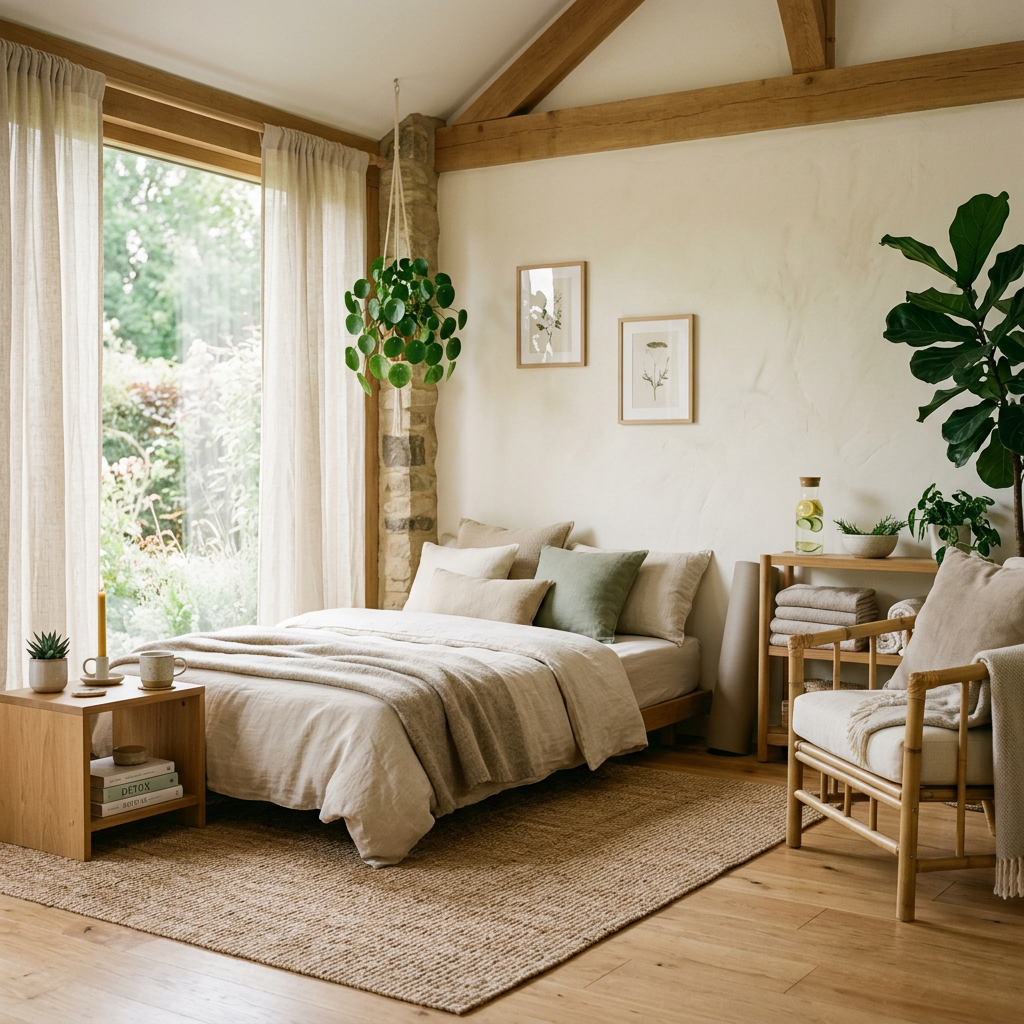 Minimalist bedroom with neutral bedding, wooden furniture, and indoor plants by large window