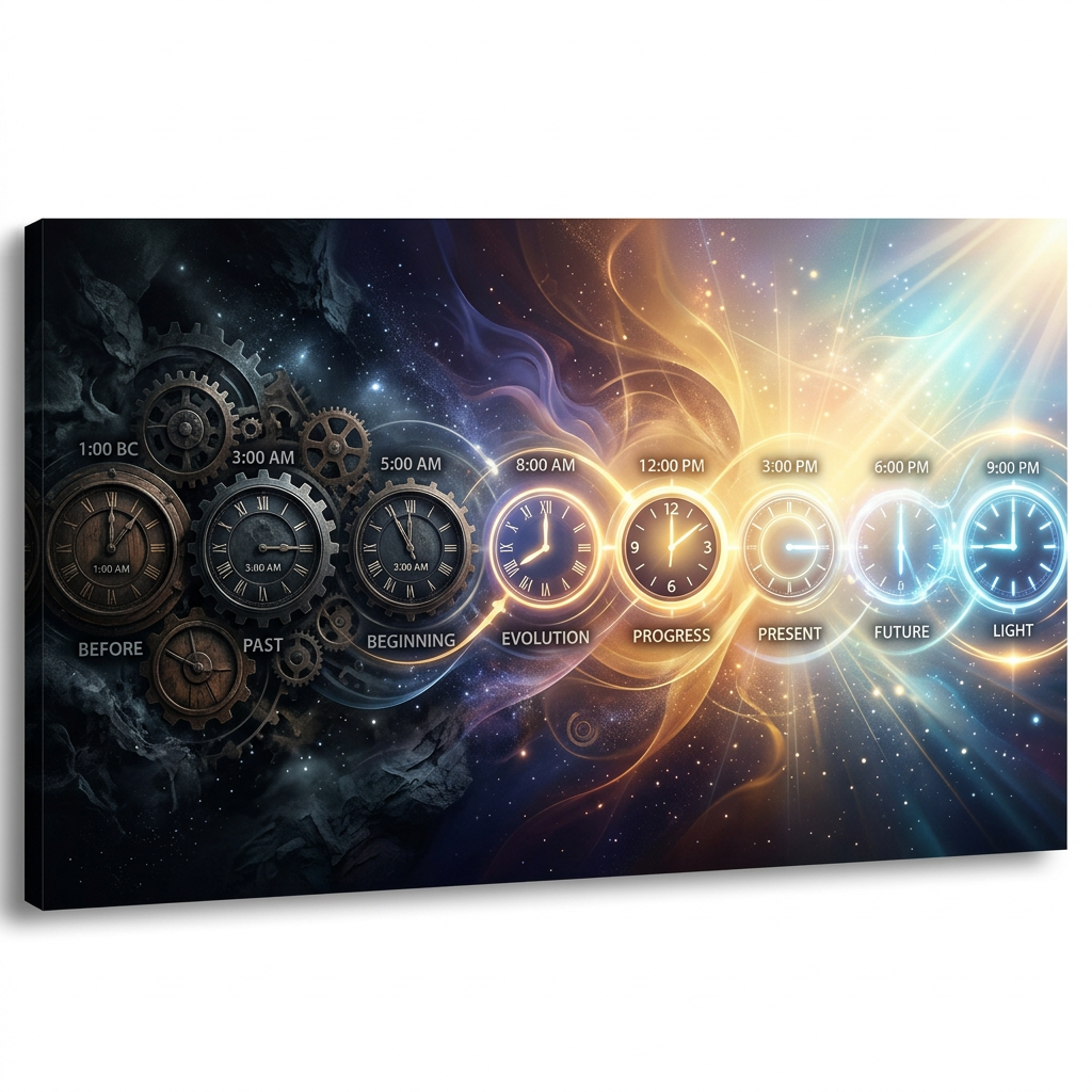 Series of clocks linked by themed labels showing passage of time from before to light.