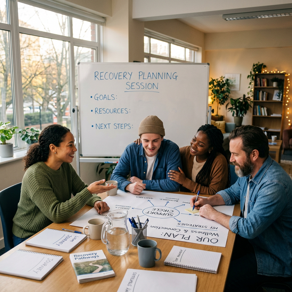 Four people working together at a table with a recovery plan and whiteboard Exploring the science of addiction