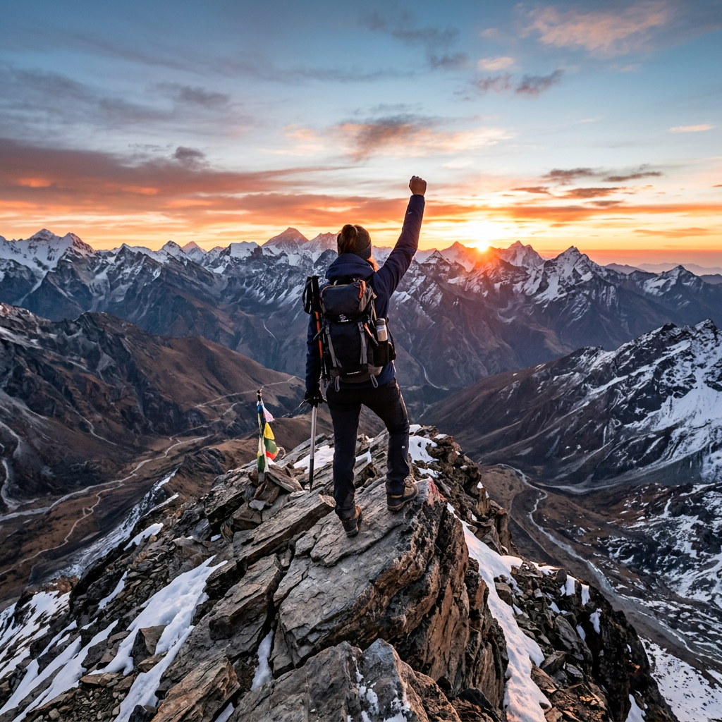 Hiker with backpack standing on rocky mountain peak raising fist toward sunrise over snow-capped peaks