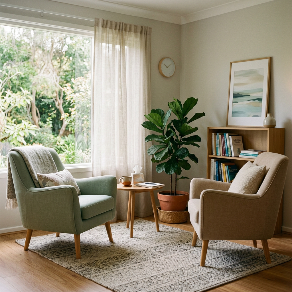 Two upholstered armchairs facing each other with a small round wooden table between them in a bright living room