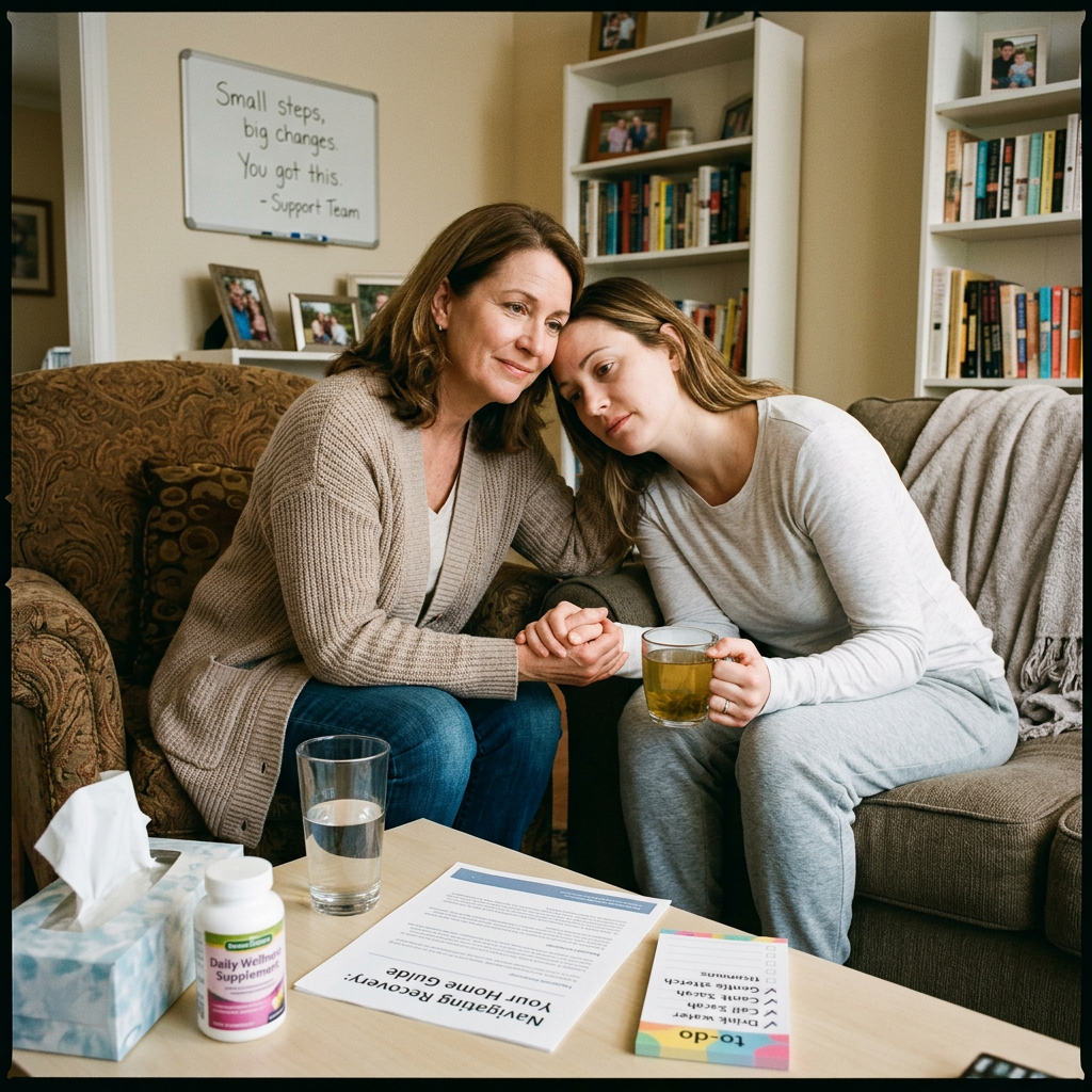 Two women sitting on couches holding hands with a recovery guide on the table