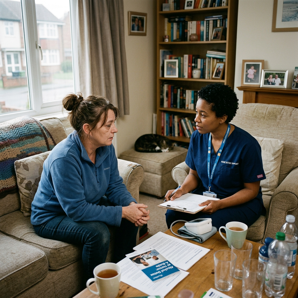 Healthcare professional in blue scrubs consulting a woman on a couch with health documents and tea cups on table