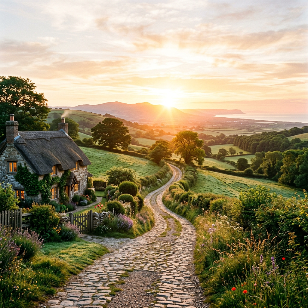 Stone cottage with thatched roof next to cobblestone road in green countryside at sunset