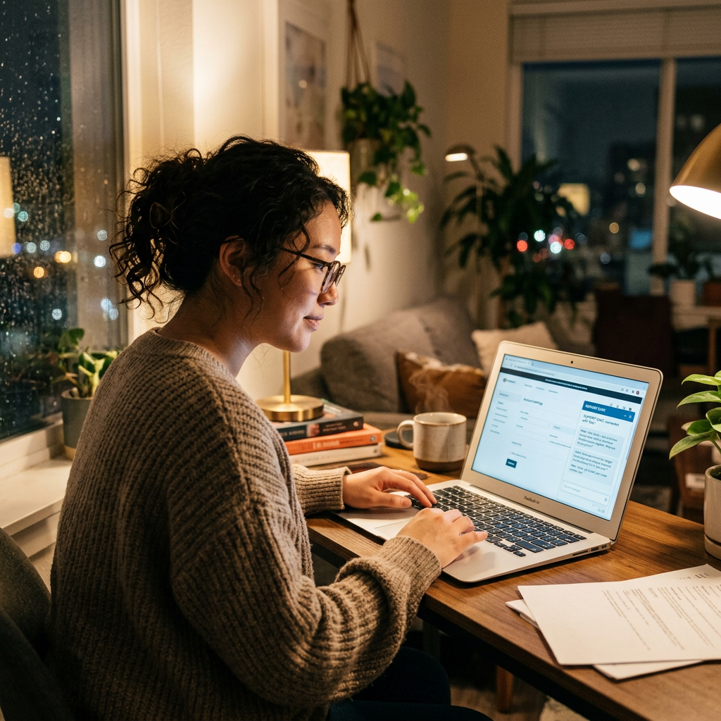 Woman typing on laptop in cozy home office with indoor plants and night city view