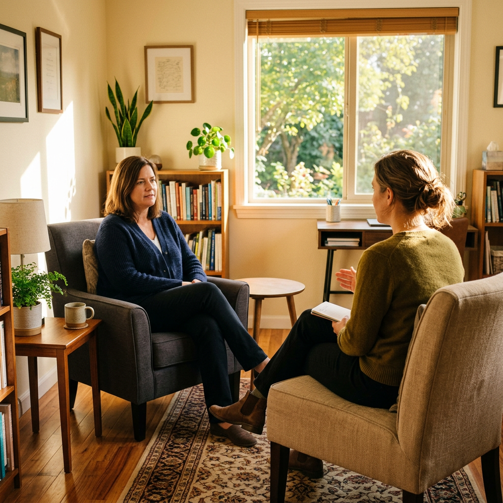 Two people counseling room back view warm sunlight Anxiety and depression affects recovery  