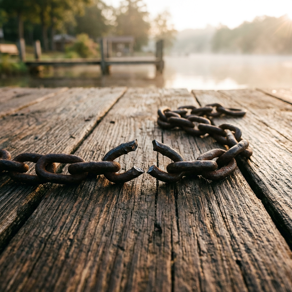 Broken chain on wooden surface morning light