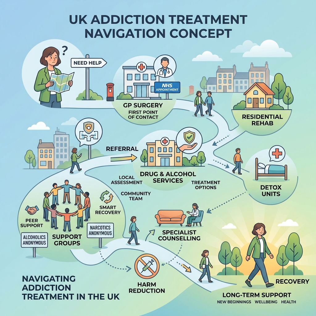 Diagram showing UK addiction treatment steps including GP surgery, drug and alcohol services, detox units, support groups, and recovery.