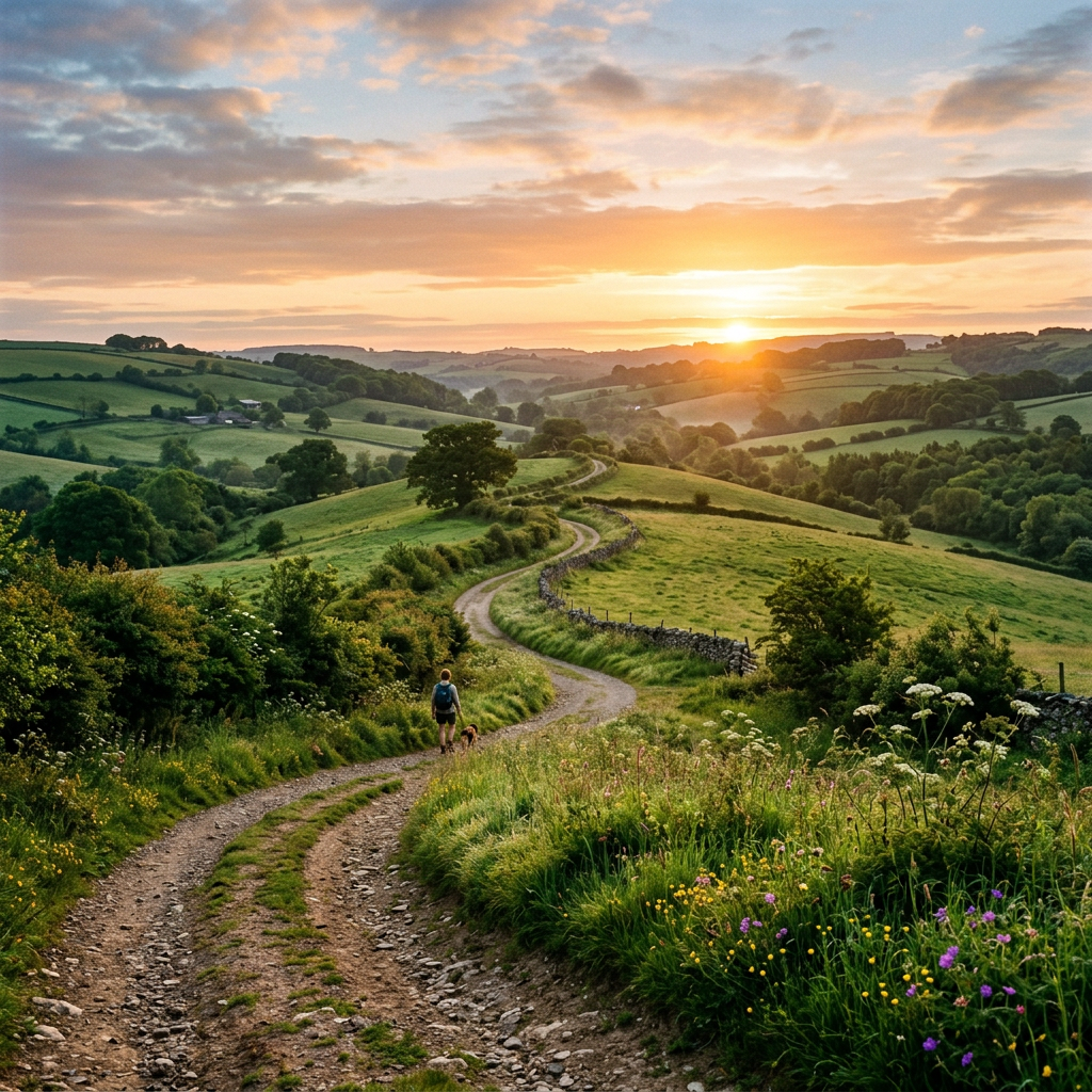Person walking dog on winding dirt path through green countryside at sunset