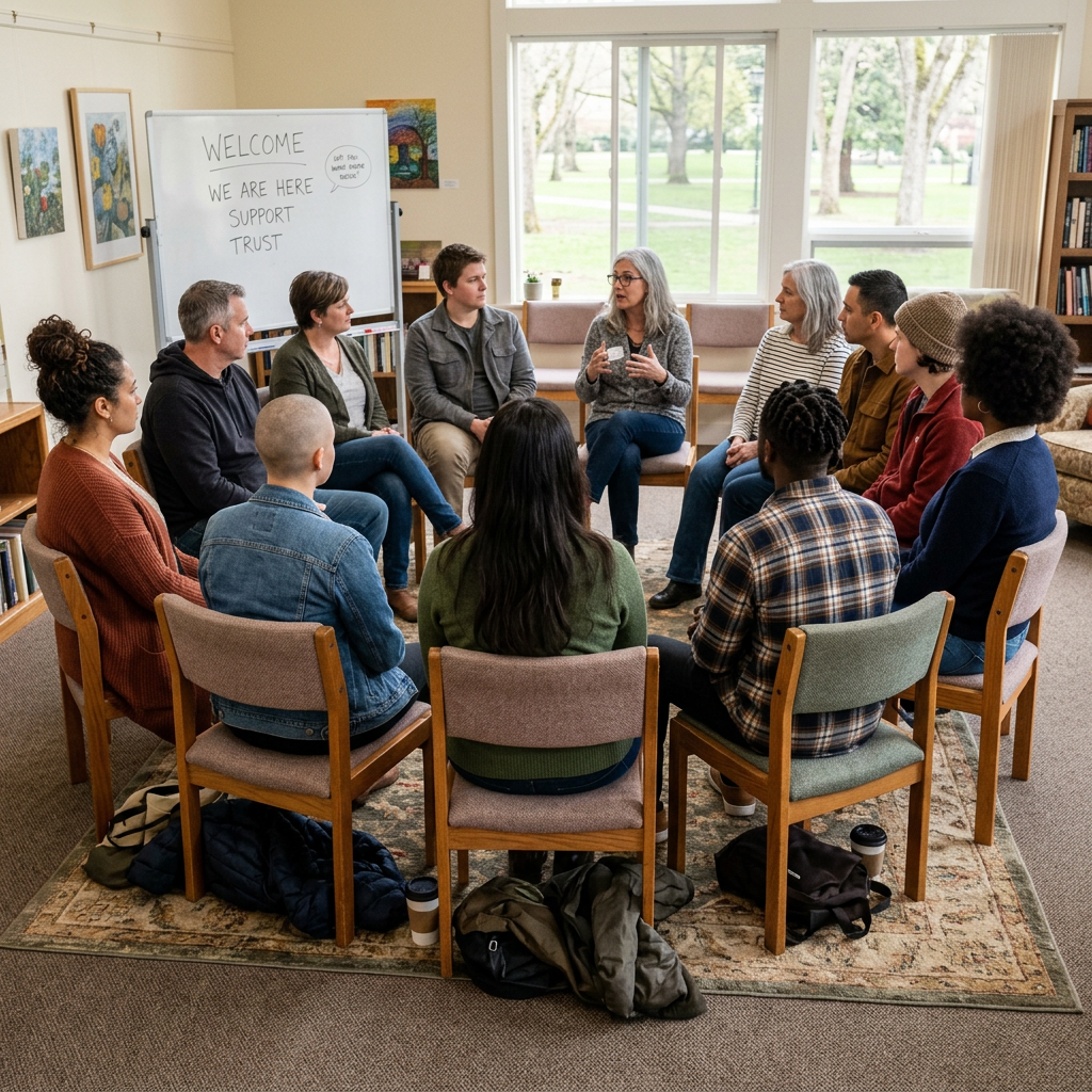 Diverse support group circle, daylight, viewed from behind